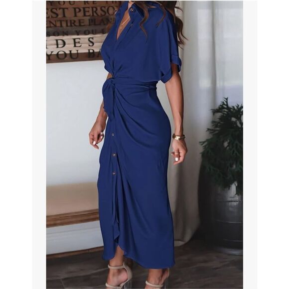 NEW Satin Button Down Belted Elegant Ruched Maxi Dress S - Picture 3 of 7
